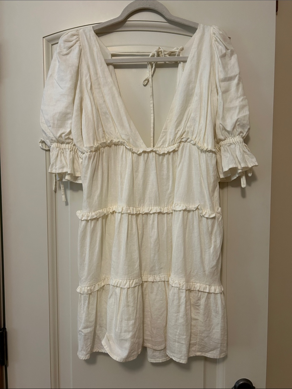 MAJORELLE Cream Tiered Midi Dress with Puff Sleeves Deep V Back & Front Beauty
